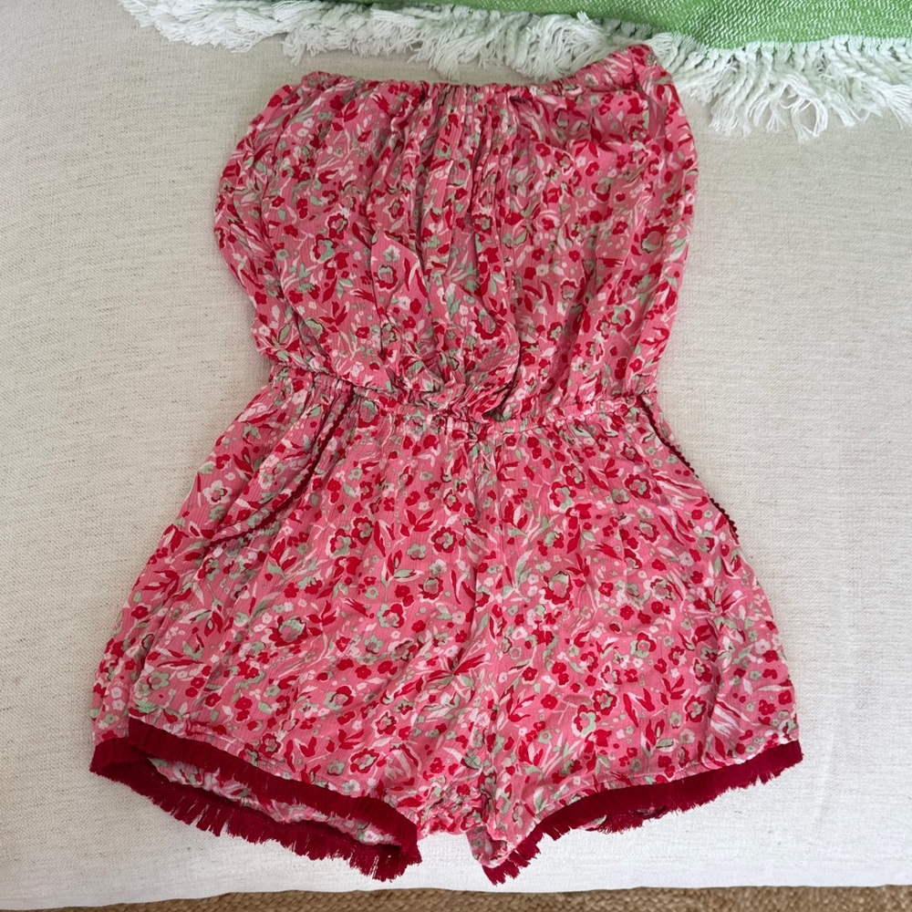 Pink Floral Strapless Romper with Fringe Hem